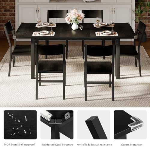 iPormis 7-Piece Dining Table & Chairs Set for 4-6, 63" Extendable Kitchen Table with 6 Chairs, Dining Room Table with Metal Frame & MDF Board, Perfect for Small Space, Easy Assembly, Black iPormis