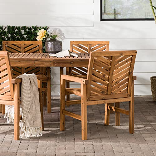 Walker Edison 4 Person Outdoor Wood Chevron Patio Furniture Dining Set Table Chairs All Weather Backyard Conversation Garden Poolside Balcony, 5 Piece, Brown Walker Edison