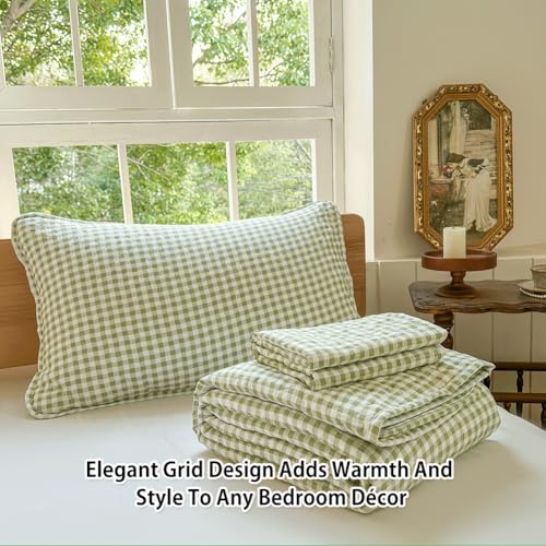 Sage Green Gingham Queen Quilt Set, Soft Pre-washed Microfiber Green Plaid Queen Bedspread, Lightweight Checked Summer Quilt, Grid Bedding Coverlets for All Seasons (Includes 1 Quilt, 2 Pillow Shams) NSNLGSGC