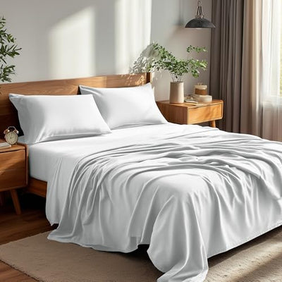 Deconovo Queen Sheet Set–4Piece Brushed Microfiber Bedding with Deep 16 inch Pocket,Soft & Long-Lasting Sheets,All‑Around Elastic Fitted,Machine Washable–1 Flat,1 Fitted,2 Pillowcases,White