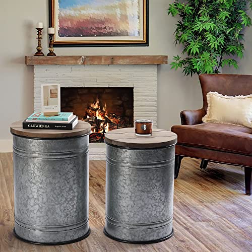 Rustic Storage Ottoman Seat Stool, Farmhouse Accent Side Table, Antique Galvanized Metal End Table Box Bin with Round Wooden Lid Set of 2 (Galvanized) Rustee