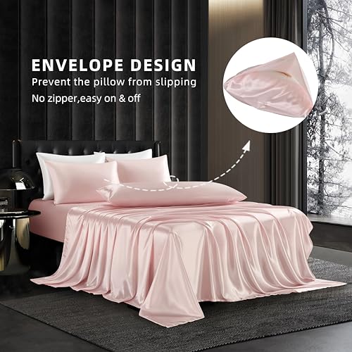 HommxJF 4Pcs Blush Pink Silk Twin Sheet Set - Satin Bedding With 1 Flat Sheet, 1 Deep Pocket Fitted Sheet, 2 Pillowcases With Envelope Closure - Silky Comforter Sheets HommxJF