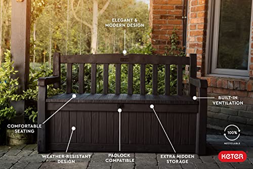 Keter Solana 70 Gallon Storage Bench Deck Box for Patio Furniture, Front Porch Decor and Outdoor Seating – Perfect to Store Garden Tools and Pool Toys, Brown/Brown Keter