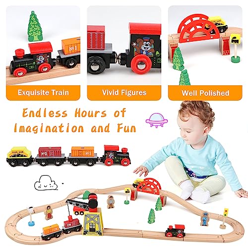 Qilay Wooden Train Set for Toddler - 39 Pcs Wooden Train Tracks with Crane, Bridge & 5 Wooden Trains - Train Toys for 3,4,5 Year Old Boys & Girls - Qilay
