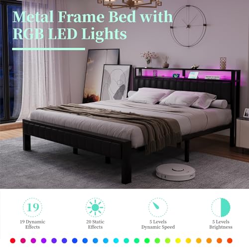 LUXOAK King Size LED Platform Bed Frame with Faux Leather Headboard and Built-in Charging Station LUXOAK