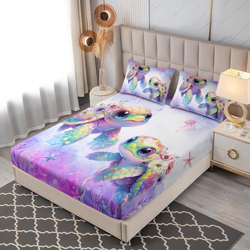UEVBF Kids Twin Fitted Sheet Set Sea Turtle Bedding Set,Waterweed Jellyfish Starfish Pattern Bedding Fitted Sheet Set for Kids Girls Boys Room Decor,1 Fitted Sheet+2 Pillowcases. UEVBF