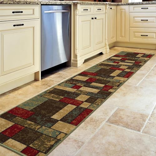 Machine Washable Boxes Design Non-Slip Rubberback 3x10 Traditional Runner Rug for Hallway, Kitchen, Bedroom, Living Room, 2'7" x 9'10", Boxes Multicolor Ottomanson