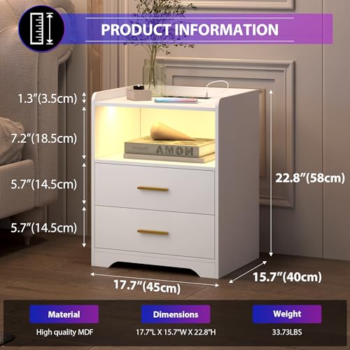 dnbss White LED Nightstand with Charging Station and 24-Color RGB Lights, Smart Night Stand with Human Sensor Lighting, Modern Bedside Table for Bedroom dnbss