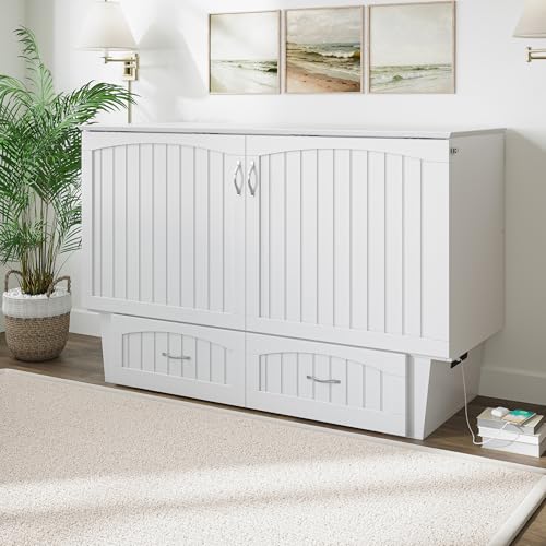 AFI, Nantucket Queen Murphy Bed Chest with Mattress, Storage Drawer and Built-In USB Charger, White AFI