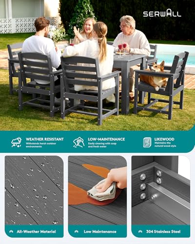 SERWALL Patio Dining Set for 4, Outdoor Dining Sets for 4 Person with 1 Umbrella Hole Cut-Out Rectangular Table and 4 Chairs, HDPE Dining Sets for Garden, Backyard, Poolside, Gray SERWALL