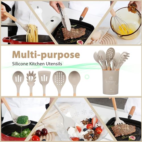 NCUE Kitchen Utensils Set with Holder, 26 pcs BPA Free Non-stick, Wooden Handle Heat Resistance Silicone Spatula Spoon Kitchen Gadgets Cooking Utensils Set (Khaki) NCUE