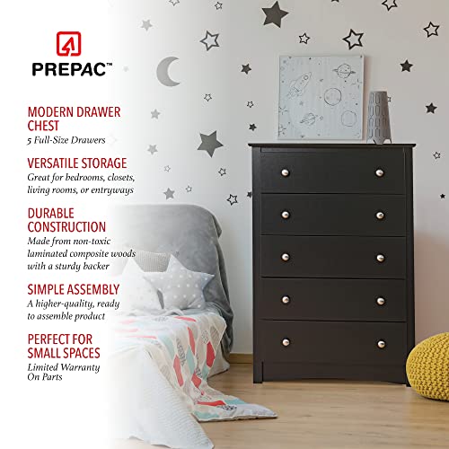 Prepac Sonoma Superior 5-Drawer Chest for Bedroom - Spacious and Stylish Chest of Drawers, Measuring 17.75"D x 31.5"W x 44.75"H, In Black Finish Prepac