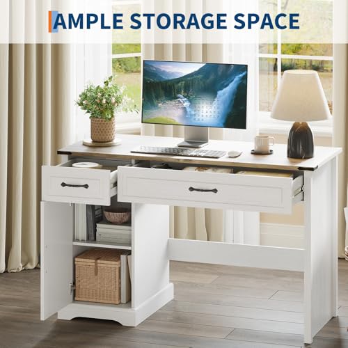 IDEALHOUSE Farmhouse 47" Executive Desk, Computer Desk with Drawers and Storage Cabinet, Home Office Desk for Work and Study, Rustic Workstation Computer Desks or Bedroom, Living Room, Antique White IDEALHOUSE