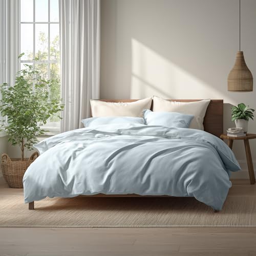 Seragio Duvet Cover Set – Lightweight & Breathable 100% Cotton Single-Layer Fabric, Tie Closure Duvet Cover + 2 Pillowcases, Machine Washable, 6 Colors,No Duvet Insert Included (Blue, Queen) Seragio
