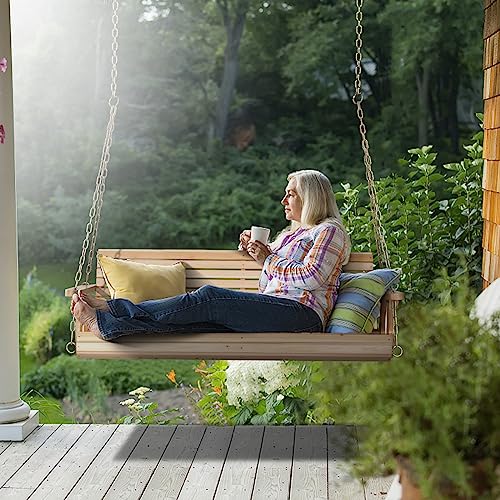 VINGLI Upgraded Patio Wooden Porch Swing for Courtyard & Garden, Heavy Duty 880 LBS Swing Chair Bench with Hanging Chains for Outdoors (4 FT, Natural) VINGLI