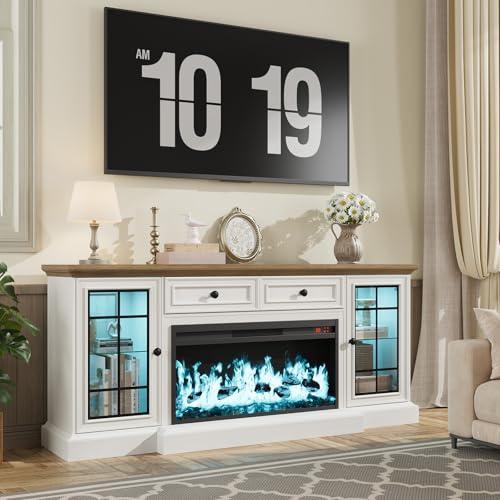 RNLRNL Fireplace TV Stand Up to 80" TVs, 70'' Modern Entertainment Center with 36" Electric Fireplace & LED Lights, Farmhouse Media Console with Storage Cabinet & Drawer for Living Room, Antique White RNLRNL