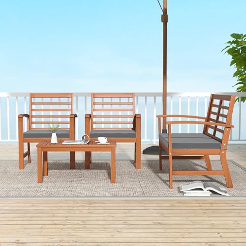 Tangkula 4 Pieces Outdoor Furniture Set, Acacia Wood Conversation Set w/Soft Seat Cushions, Stable Acacia Wood Frame, Patio Sofa & Coffee Table Set for Backyard, Porch, Poolside (Grey) Tangkula