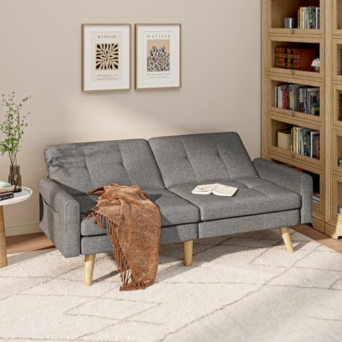 Gizoon Futon Sofa Bed, 70.9" Futon Couch with Adjustable Backrest, Removable Armrest for Extended Length, Mid Century Modern Loveseat for Living Room, 6 Wood Legs, 2 Metal Support Rods, Dark Grey Gizoon