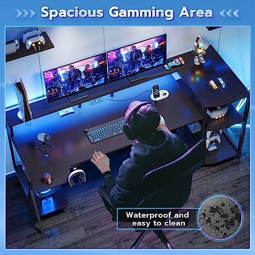 SEDETA Gaming Desk 70.8'' with LED Lights and Storage Shelves, Computer Desk with Monitor Stand, Power Outlets and Cup Holder, Large PC Gamer Desk, Gaming Table for Bedroom, Living Room, Black SEDETA