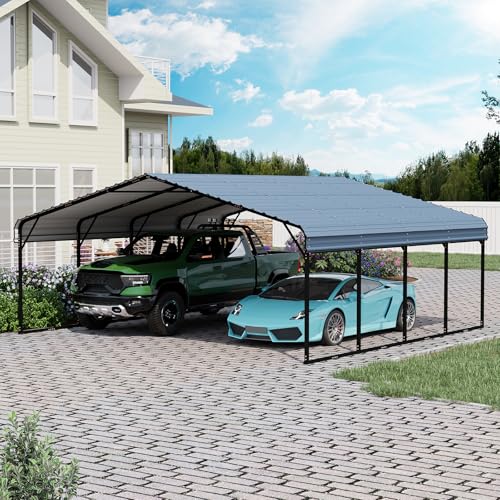 EROMMY 20‘x20’ Stable Metal Carport, All-Weather Heavy-Duty Carports with Strong Base, Sturdy Car Shed with Galvanized Steel Roof and Frame, Easy Assembly Car Port for 2 Cars, Tractors, Boat, Gray EROMMY
