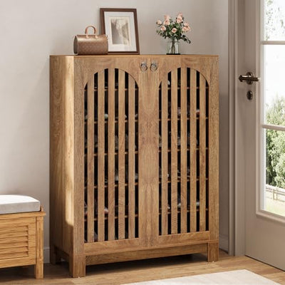 Tribesigns Shoe Cabinet with Slatted Doors, 6-Tier Entryway Shoe Storage Rack Organizer with Adjustable Shelves for Living Room, Bedroom, Oak