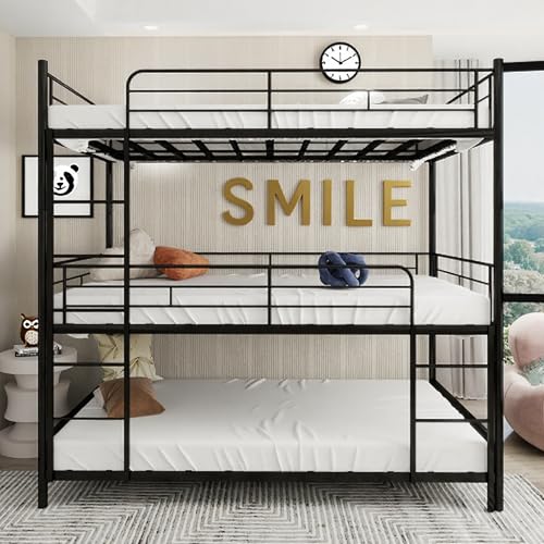 Detachable Triple Bunk Bed, Twin Over Twin Bunk Beds for Kids/Teens/Adults, Heavy Duty Metal Bunkbed Frame with Safe Guardrails & 2 Ladder, Convertible 3 Twin Beds for Dorm, Bedroom, Guest Room TBCOPTO