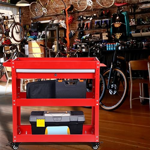 BRLJUNEO 3-Tier Tool Cart with Drawer, Heavy Duty Steel Utility Cart, 450 Lbs Load Capacity, Red BRLJUNEO