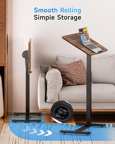 BIZUM Mobile Standing Desk Laptop Desk Pneumatic with Wheels 180° Tilt Top Hospital Bed Table Portable Rolling Cart Foldable Bedside Table for Hospital&Home Use, Walnut BIZUM