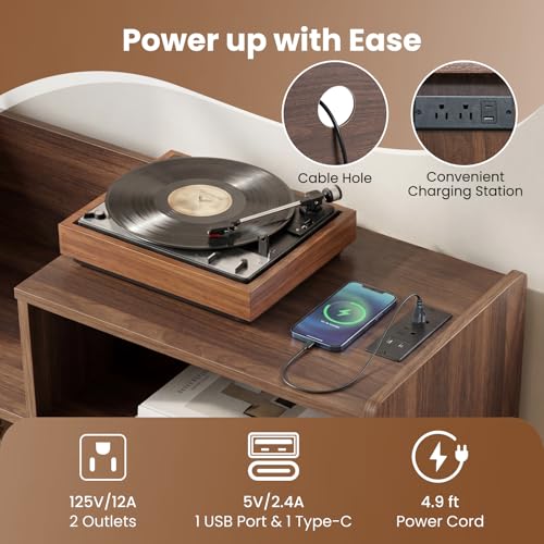 Giantex Large Record Player Stand with LED Light, Mid Century Modern Turntable Stand w/Sliding Door, Charging Station & Solid Wood Leg, Record Player Table, Vinyl Record Storage for Living Room, Walnut Giantex