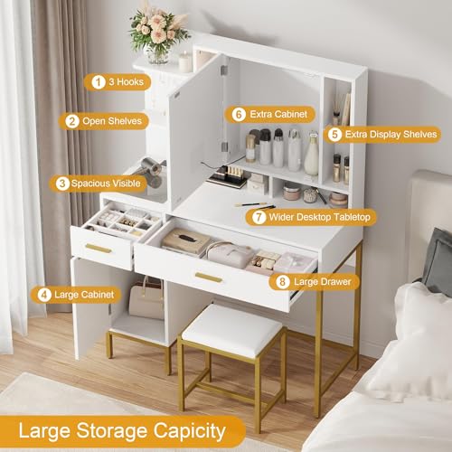 IDEALHOUSE Vanity Desk with Mirror and Lights, 42.5" Makeup Vanity Set with Stool, Makeup Table with Mirror Cabinet and Chair, Drawers & Shelves, Dressing Table with Outlet for Bedroom, White IDEALHOUSE