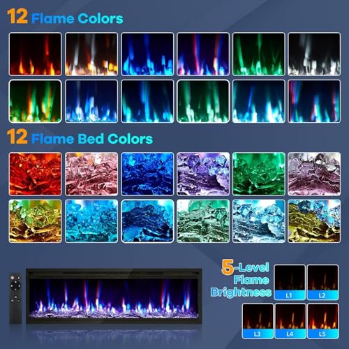 60'' Electric Fireplace Inserts, Recessed Wall Fireplace Heater with Log & Crystal Inserts, Adjustable Flame Color/Speed/Brightness, Heater, Remote Control & Touch Screen, Built-in Timer, Low Noise Towallmark