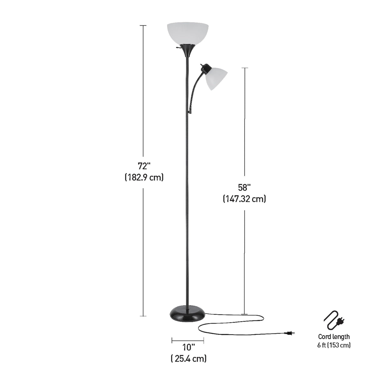 Globe Electric 67135 72" Torchiere Floor Lamp + Adjustable Reading Light, Matte Black, Frosted Plastic Shade, 3-Step Rotary Switch on Socket, Living Room Décor, Reading Light, Home Essentials Globe Electric