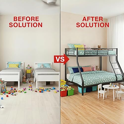 SogesGame Twin Over Full Bunk Bed for Teens & Kids, Metal Heavy Duty Bunk beds with 9.8-Inch Guardrail and Ladder, Bunk Beds Twin Over Full Size for Small Bedrooms & Shared Rooms, Space-Saving, Black SogesGame