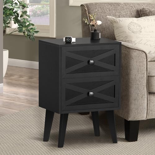 Lerliuo Nightstand Set of 2, Black End Table with 2 Drawers Barn Door Decorated, Mid Century Modern Night Stand, Bed Side Table with Storage, Solid Wood Legs Cabinet Dresser for Living Room, Bedroom Lerliuo