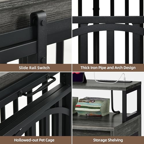 DWVO 71" Double Dog Crate Furniture with LED Light & Power Outlets, Heavy Duty Dual Dog Kennel TV Stand w Storage Shelves Sliding Doors, Wooden Two Dog Cage Table 2 Medium Large Dogs, Black Oak DWVO