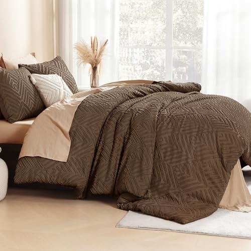 Litanika Brown King Size Comforter Set, 3 Pieces Tufted Boho Farmhouse Bedding Comforter Sets, Lightweight Fluffy Comforter Bed Set for All Season (104x90In Comforter and 2 Pillowcases) Litanika
