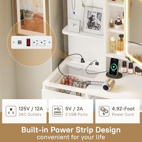 VIAGDO Vanity Desk with Mirror and Lights, Makeup Vanity with Drawers and Charging Station, Vanity Table with Shelves, Cabinet, Hidden Space for Bedroom, White VIAGDO