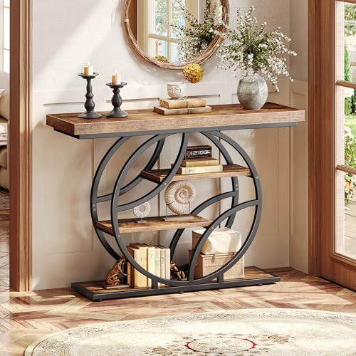 Huuger 41.3 Inch Entryway Table, Industrial Console Sofa Table with Storage, Accent Table with Shelves, for Entry, Hallway, Entrance, Foyer, O-Shaped Metal Frame, Rustic Brown Huuger