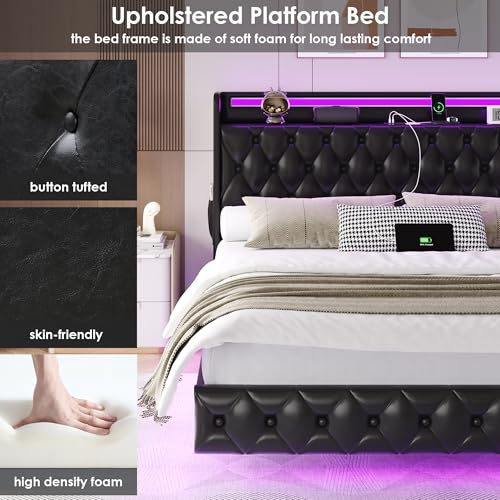 Keyluv King Floating Bed Frame with LED Lights & Charging Station, Upholstered PU Leather Platform Bed with Button Tufted Storage Headboard, No Box Spring Needed, Noise-Free, Easy Assembly, Black Keyluv