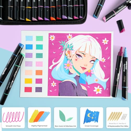 Ohuhu 30 Colors Acrylic Paint Pens : Dual Tips (Round & Fine) Acrylic Markers High Opacity Paint Markers Waterproof Lightfast for Rock Painting Easter Eggs Wood Glass Ceramic Canvas Ohuhu