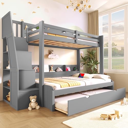 Merax Twin Over Full Bunk Bed Frame with Trundle & Storage Staircase, Wood Platform Bed with Storage Shelves & Guardrail & Charging Station for Bedroom Dorm Guest Room, No Box Spring Needed, Gray Merax
