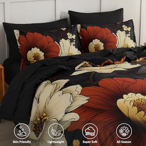 Xruibed Black Floral Comforter Set Queen Size 7 Pieces Bed in a Bag Flower Bedding Sets Lightweight Boho Bed Set with Sheet,Pillowcases&Shams for All Season Xruibed