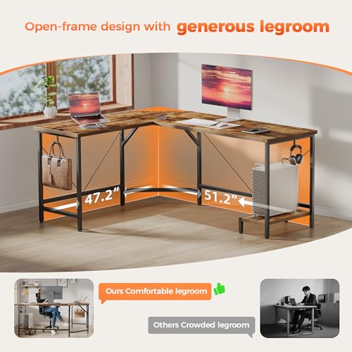 Mericonia 50 inch Large L Shaped Desk, Simple Corner Gaming Desk with CPU Stand & Hooks, Computer Desk for Home, Bedroom & Office Workspace, Dark Brown Mericonia