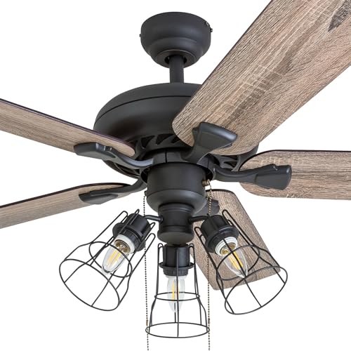 Prominence Home Lincoln Woods, 52 Inch Industrial Style LED Ceiling Fan with Light, Pull Chain, Three Mounting Options, 5 Dual Finish Blades, Reversible Motor - 50581-01 (Bronze) Prominence Home
