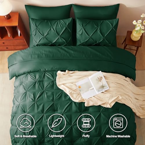 CozyLux Full Size Comforter Sets Emerald Green, 7 Pieces Bed in A Bag Green Comforter Full Size, Pinch Pleat Bedding Sets with All Season Comforter, Sheets, Pillowcases & Shams CozyLux