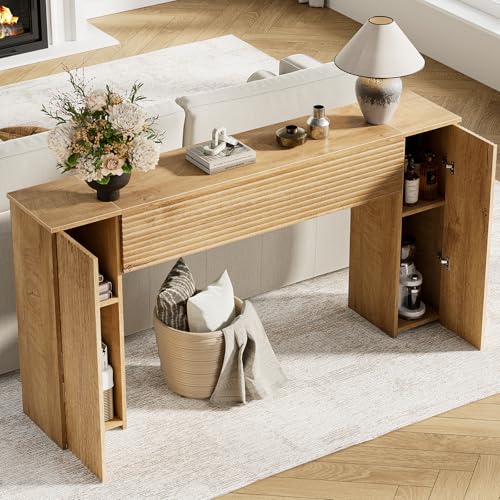 FABATO 61'' Fluted Long Console Table, Wooden Rectangular Sofa Table Behind The Couch, Narrow Entryway Table with 2 Hidden Storage Cabinets for Entrance, Hallway, Living Room, Foyer, Wood FABATO