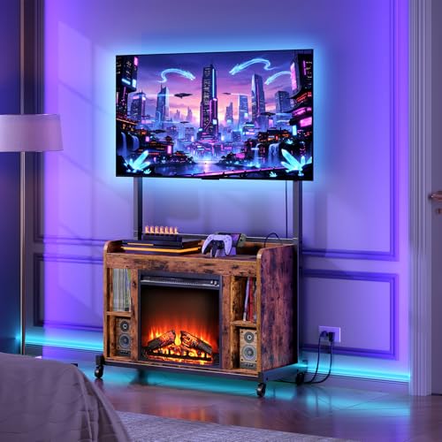 RALGEND Fireplace TV Stand with Mount for 55/60/65/75 inch TVs, Corner Entertainment Center with Power Outlet and 18" Electric Fireplace, Height Adjustable TV Console for Living Room, Rustic and Black RALGEND