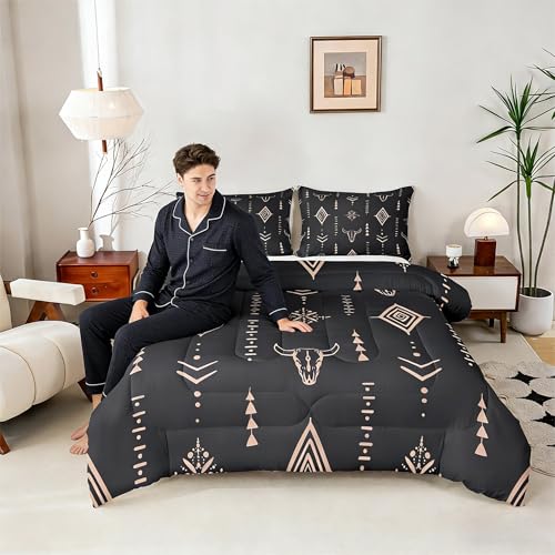 Bull Skull Comforter Set Twin Boho Bedding Ethnic Horns Bohemian Bedding Comforter Sets Black Brown Tribal Symbol Mysterious Aztec Bedroom Decor Abstract Geometric Duvet Insert for Men Boys