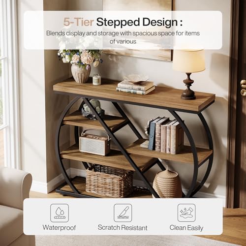 Tribesigns 41.3" Console Table, 5-Tier Industrial Entryway Table with Storage Shelves and Arched Metal Frame, Wood Rustic Hallway Table for Living Room, Foyer, Brown&Black Tribesigns