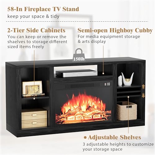 YESHOMY Electric Fireplace TV Stand for Televisions up to 65+ Inch, Media Entertainment Center Console Table with Four Open Storage Shelves & Cabinets, 58 Inch, Dark Black YESHOMY